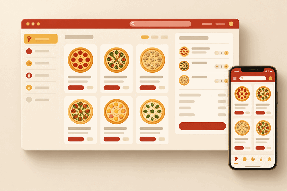 Hello, Pizza kit art: a pizzeria counter in warm amber.