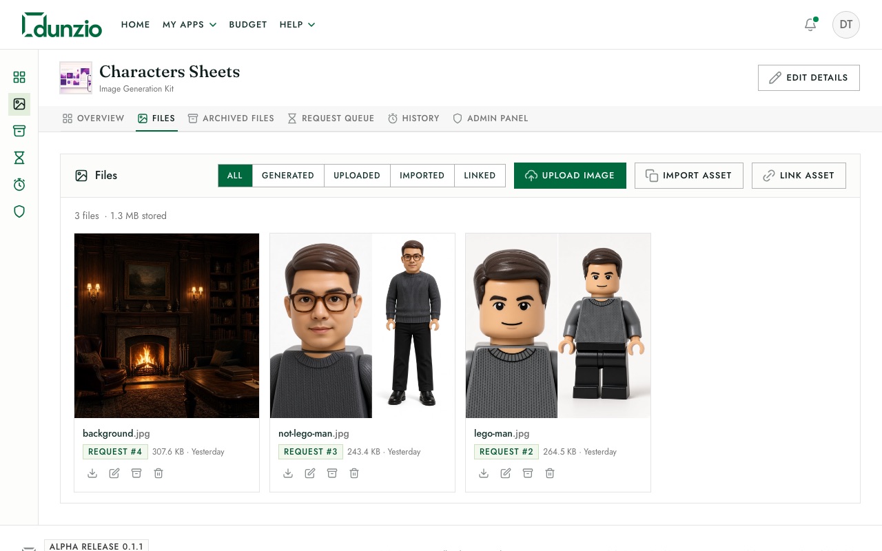 An Image Generation project's Files tab: three generated images, each badged with the request that made it.